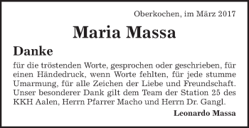 Traueranzeige von Maria Massa von Schwäbische Post