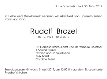 Traueranzeige von Rudolf Brazel von Gmünder Tagespost