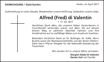 Traueranzeige von Alfred di Valentin von Schwäbische Post