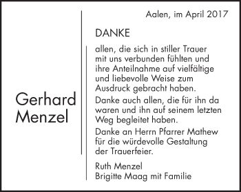 Traueranzeige von Gerhard Menzel von Schwäbische Post