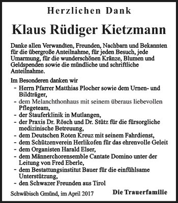Traueranzeige von Klaus Rüdiger Kietzmann von Gmünder Tagespost