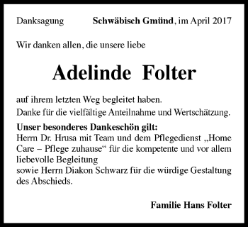 Traueranzeige von Adelinde Folter von Gmünder Tagespost