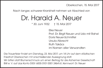 Traueranzeige von Harald A. Neuer von Schwäbische Post