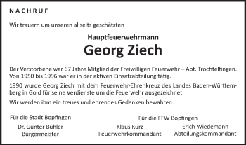 Traueranzeige von Georg Ziech von Bopfinger Stadtanzeiger