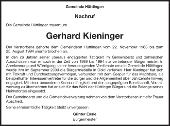 Traueranzeige von Gerhard Kieninger von Schwäbische Post