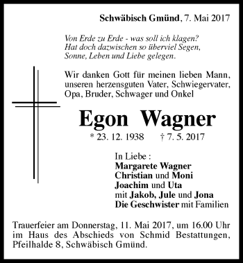 Traueranzeige von Egon Wagner von Gmünder Tagespost