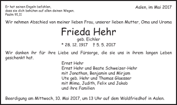 Traueranzeige von Frieda Hehr von Schwäbische Post