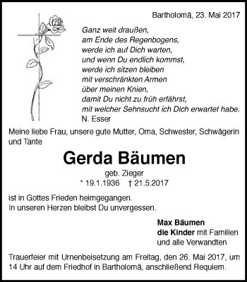 Traueranzeige von Gerda Bäumen von Gmünder Tagespost