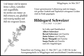 Traueranzeige von Hildegard Schweizer von Gmünder Tagespost