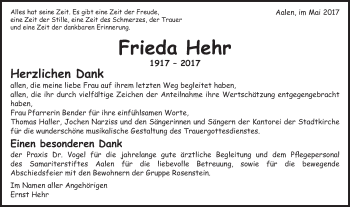 Traueranzeige von Frieda Hehr von Schwäbische Post