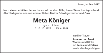 Traueranzeige von Meta Königer von Schwäbische Post
