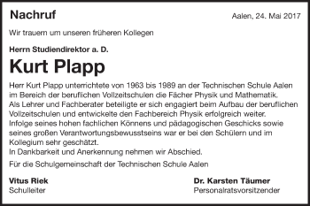 Traueranzeige von Kurt Plapp von Schwäbische Post