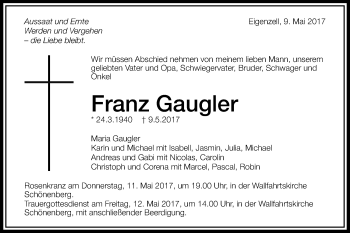 Traueranzeige von Franz Gaugler von Schwäbische Post
