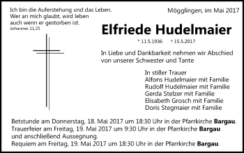 Traueranzeige von Elfriede Hudelmaier von Gmünder Tagespost