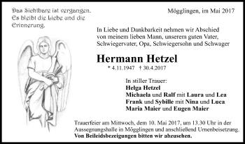 Traueranzeige von Hermann Hetzel von Gmünder Tagespost