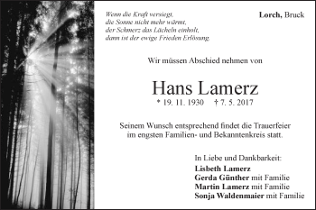 Traueranzeige von Hans Lamerz von Gmünder Tagespost