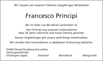 Traueranzeige von Francesco Principi von Schwäbische Post