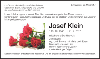 Traueranzeige von Josef Klein von Schwäbische Post