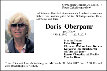 Traueranzeige von Doris Oberpaur von Gmünder Tagespost
