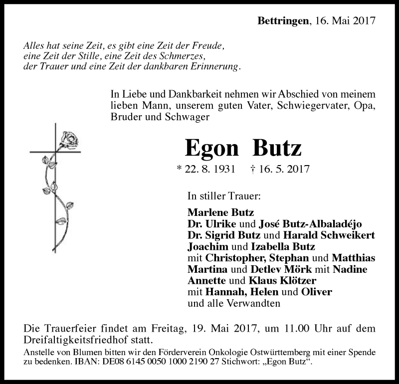  Traueranzeige für Egon Butz vom 17.05.2017 aus Gmünder Tagespost