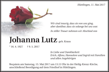 Traueranzeige von Johanna Lutz von Schwäbische Post