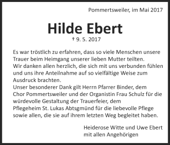 Traueranzeige von Hilde Ebert von Schwäbische Post