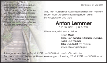 Traueranzeige von Anton Lemmer von Schwäbische Post