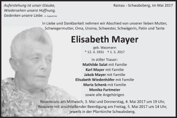 Traueranzeige von Elisabeth Mayer von Schwäbische Post