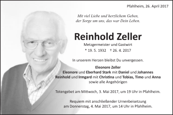 Traueranzeige von Reinhold Zeller von Schwäbische Post