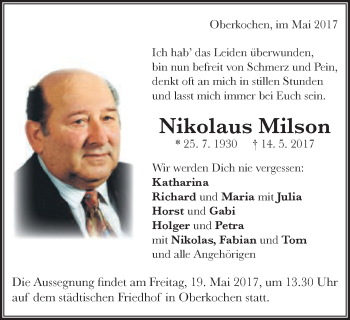 Traueranzeige von Nikolaus Milson von Schwäbische Post