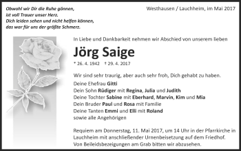 Traueranzeige von Jörg Saige von Schwäbische Post
