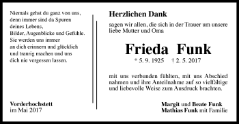 Traueranzeige von Frieda Funk von Gmünder Tagespost
