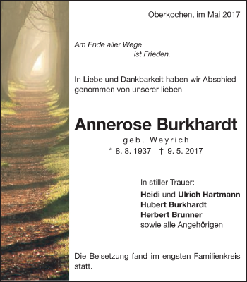 Traueranzeige von Annerose Burkhardt von Amtsblatt_Oko