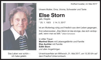 Traueranzeige von Else Storn von Schwäbische Post