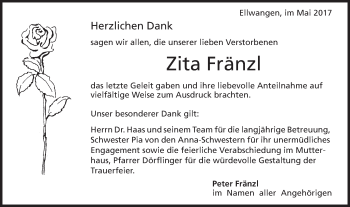Traueranzeige von Zita Fränzl von Schwäbische Post