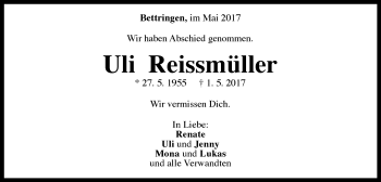 Traueranzeige von Ulrich-Albert Reissmüller von Gmünder Tagespost