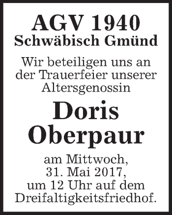 Traueranzeige von Doris Oberpaur von Gmünder Tagespost