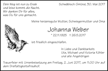 Traueranzeige von Johanna Weber von Gmünder Tagespost