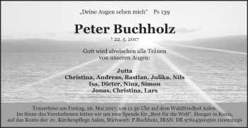 Traueranzeige von Peter Buchholz von Schwäbische Post