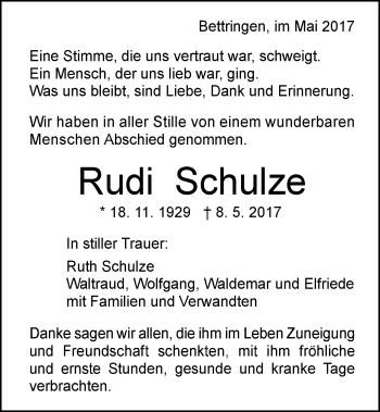 Traueranzeige von Rudi Schulze von Gmünder Tagespost