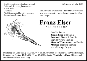 Traueranzeige von Franz Elser von Gmünder Tagespost