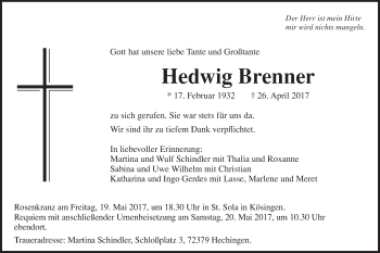 Traueranzeige von Hedwig Brenner von Schwäbische Post