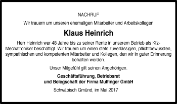 Traueranzeige von Klaus Heinrich von Gmünder Tagespost