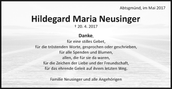 Traueranzeige von Hildegard Maria Neusinger von Schwäbische Post