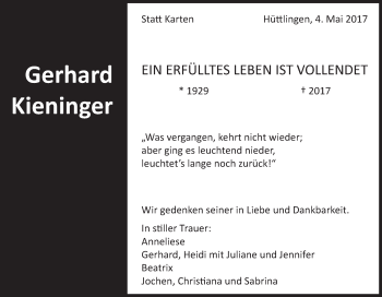 Traueranzeige von Gerhard Kieninger von Schwäbische Post