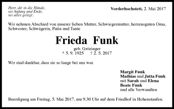 Traueranzeige von Frieda Funk von Gmünder Tagespost