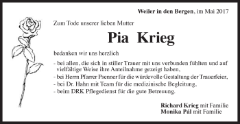 Traueranzeige von Pia Krieg von Gmünder Tagespost