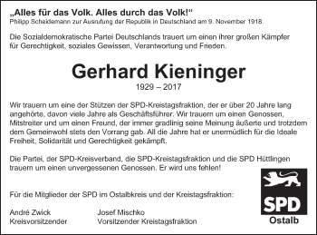 Traueranzeige von Gerhard Kieninger von Schwäbische Post