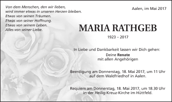 Traueranzeige von Maria Rathgeb von Schwäbische Post