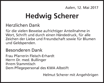 Traueranzeige von Hedwig Scherer von Schwäbische Post
